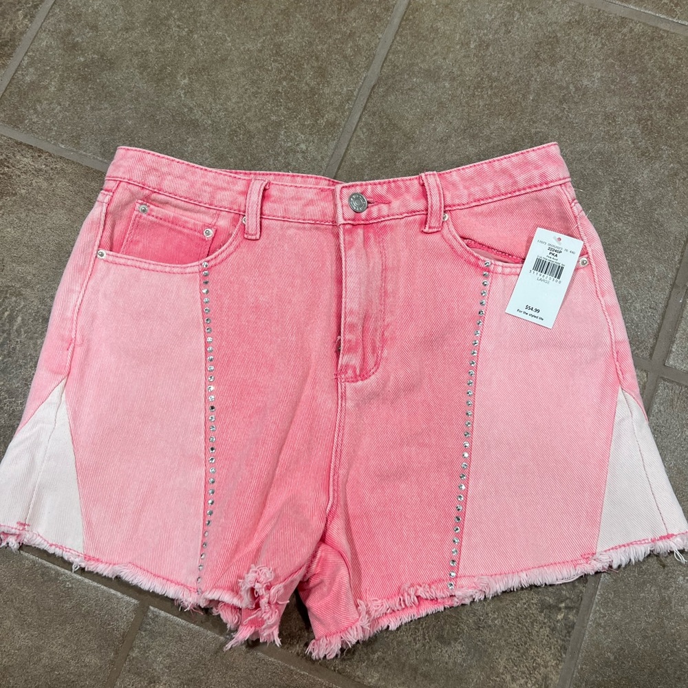 Pink Buckle Jean Shorts High Waisted Bedazzled
